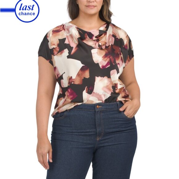 ANNE KLEIN Anne Black Plus Cowl Neck Blouse - Picture 1 of 2